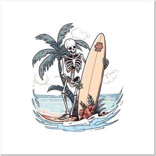 Surfer Skeleton On Beach Posters and Art